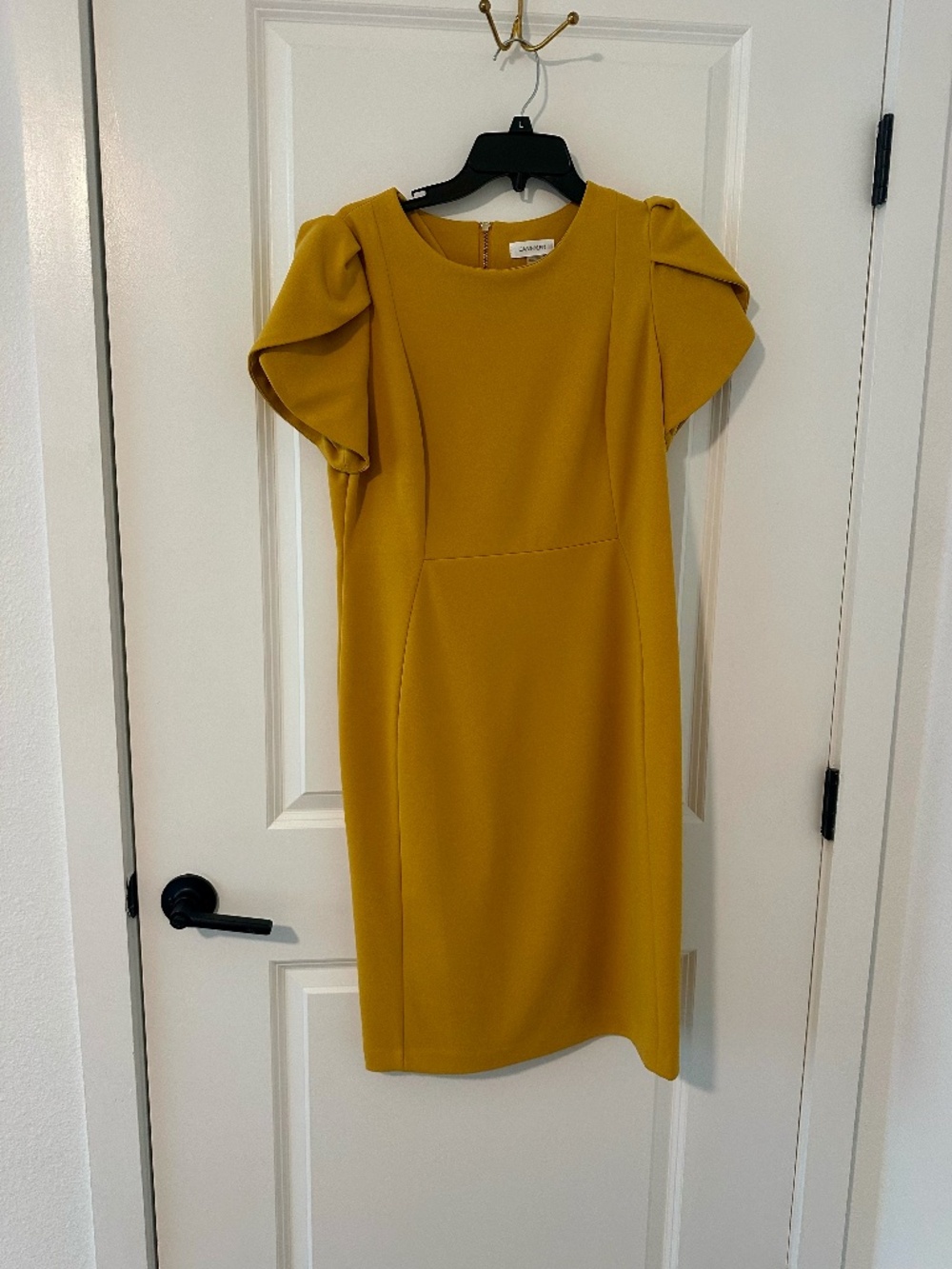 Calvin Klein Mustard Yellow Tulip Sleeve Sheath Dress Size 12 Gold Zip